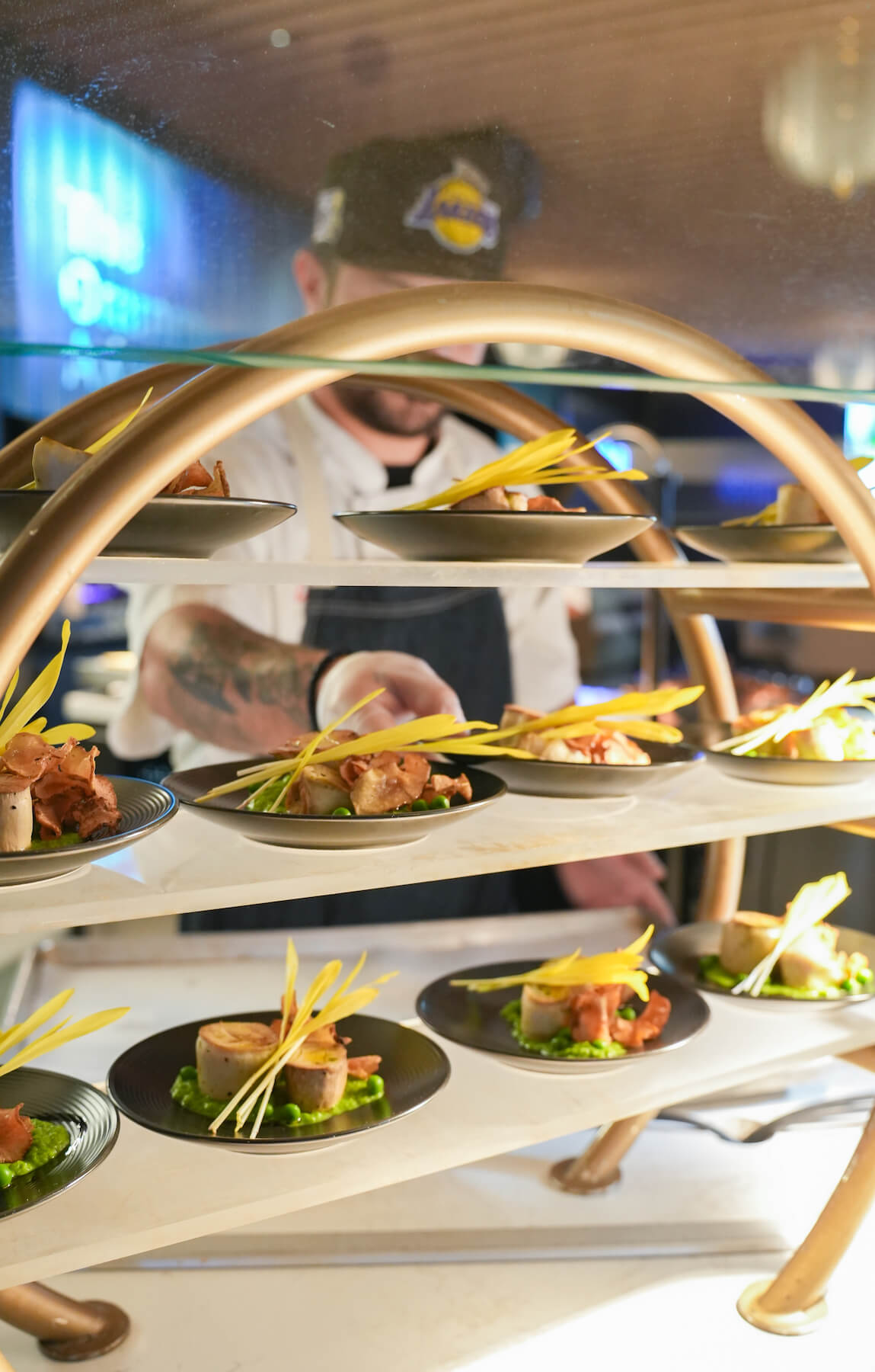 Decorative shelves holding plates of food