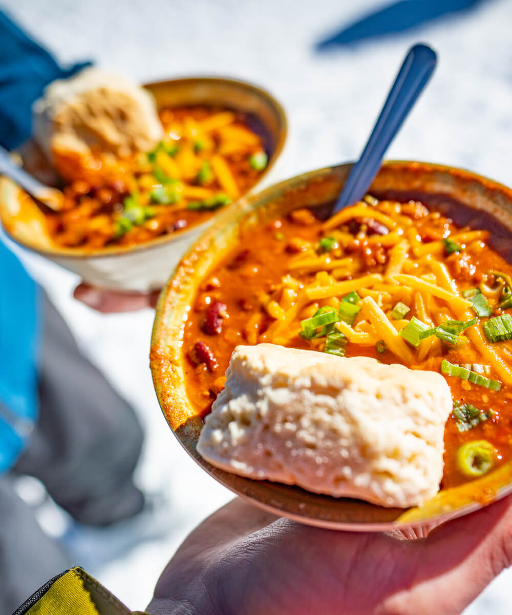 chili bowls on a ski mountain